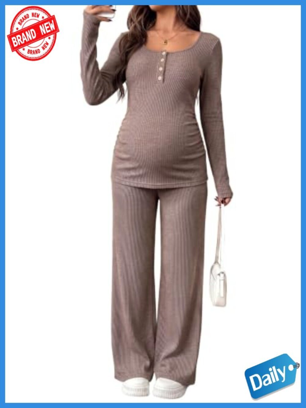 Maternity Ribbed Long Sleeve 2 Piece Set Nursing Pajamas Loungewear with Pockets